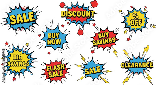 Collection of Pop Art Sale Badges Discount, Buy Now, Big Savings, Flash Sale, Clearance