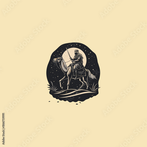 Vintage hand-drawn engraving of a desert nomad with a spear riding a camel across dunes under a large full moon and starry night sky.