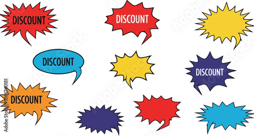 Colorful Discount Speech Bubbles for Sales, Promotions, and Special Offers, Vector Illustration