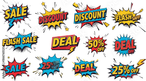 Vibrant Comic Style Sale and Discount Badges for Advertising and Promotion