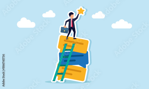 Businessman standing on stacked chat messages holding a star illustrating success in improving business quality through feedback suggestions and input from many sources
