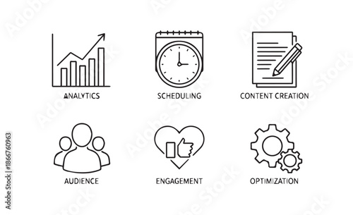 Set of modern business icons including analytics and optimization isolated on white background