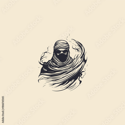 Mysterious vintage engraving of a hooded desert traveler or sorcerer in long robes, standing amidst swirling sands and a magical aura.