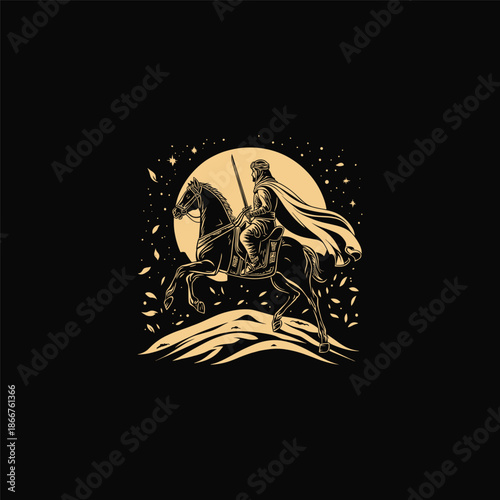 Majestic vintage engraving of a desert warrior in flowing robes riding a horse at night, set against a large full moon and a starry sky.