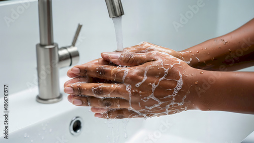 Close-up of a person washing their hands thoroughly with soap and water under a faucet in a white sink.