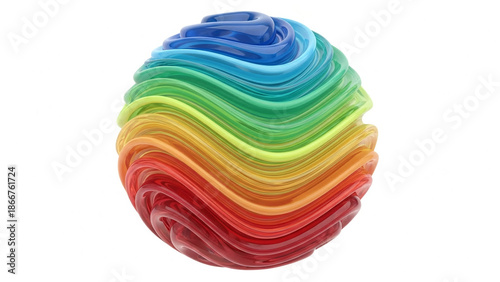 Abstract 3D Rainbow Glass Sphere with Colorful Swirling Glossy Lines on White Background
