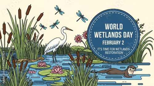A vibrant illustration celebrating World Wetlands Day with a serene wetland ecosystem