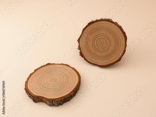 Two natural wood slices with bark on a light background