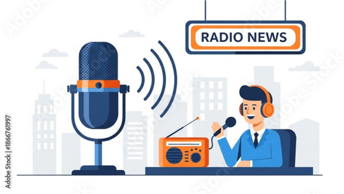 A cartoon man wearing headphones and speaking into a microphone in a radio news studio