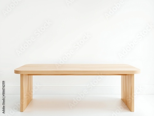 Minimalist light wood bench against a clean white background