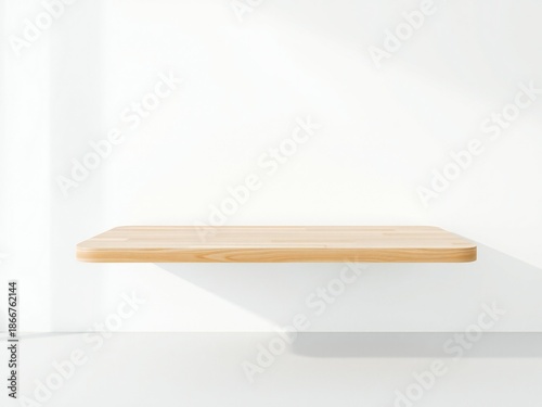 Clean wooden shelf with soft light and shadow on white background