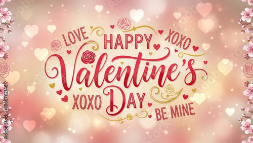 A festive Valentine's Day graphic with hearts and flowers on a pink background