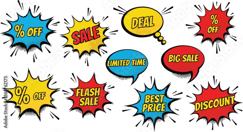 Colorful Pop Art Style Sale and Discount Speech Bubbles with Varying Text for Promotions