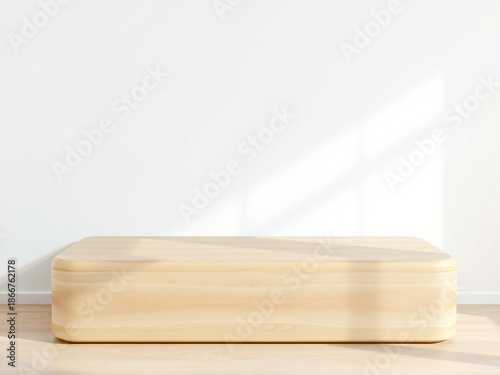 Minimalist wooden bench against a white wall with soft light and shadow