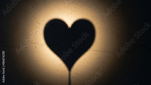 A heart shaped shadow on a cracked wall with a light shining behind it