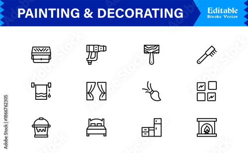 Painting And Decorating line icon set featuring editable, pixel-perfect icons with a clean, modern, and minimal style, ideal for renovation, art, and home projects.