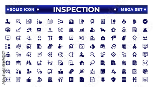 Inspection solid web icons set design. Pack of inspection, hire, calculation money, coaching, protection, cooperation, success, task, and other solid pictograms.