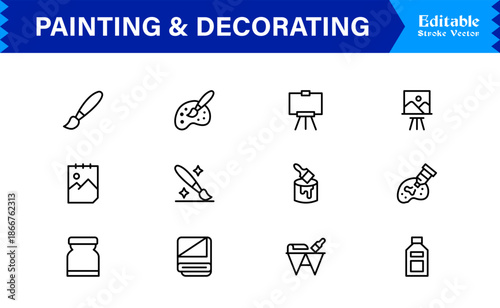 Painting And Decorating line icon set featuring editable, pixel-perfect icons with a clean, modern, and minimal style, ideal for renovation, art, and home projects.