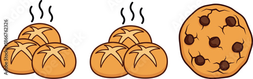 Vector illustration of steaming fresh dinner rolls and a large chocolate chip cookie isolated on white background.