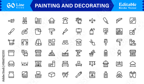 Painting And Decorating line icon set featuring editable, pixel-perfect icons with a clean, modern, and minimal style, ideal for renovation, art, and home projects.