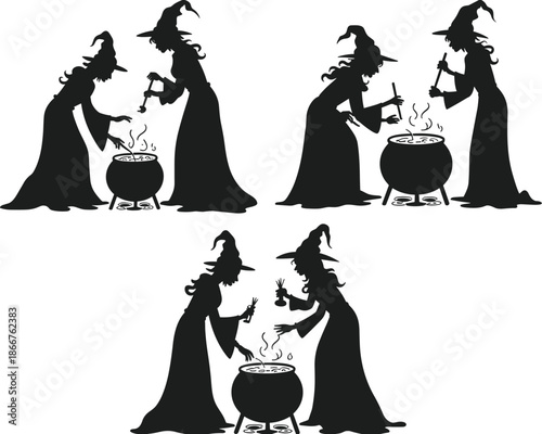 Witch silhouette vector illustration, women brewing magic potion in cauldron, halloween witchcraft scene with spell casting, spooky fantasy design for halloween decoration