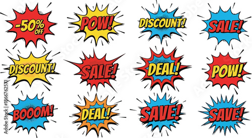 Comic Book Style Sale Badges Discounts, Deals, and Savings for Advertising and Promotions
