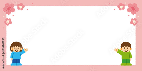 入学 お祝い 子供 春 横長 フレーム 背景 手描き パステル