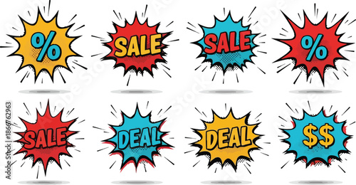 Set of colorful cartoon sale and deal burst promotion sticker badges on white background