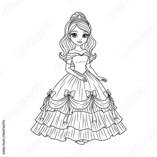 A beautiful princess in a detailed ball gown with a tiara smiling sweetly in a black and white illustration for coloring book pages or royalty free graphics