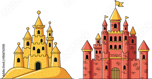 Vector illustration of summer beach sandcastle and red medieval fairytale castle isolated on white for travel themes.