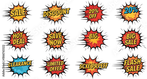 Collection of Comic Book Style Sale Badges Discount, Flash Sale, Hot Deals, Limited Offers, Clearance