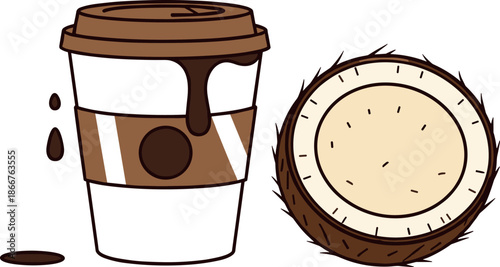 Vector illustration of takeaway coffee cup with chocolate drip and half coconut isolated on white background for cafe.