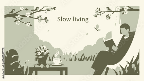 Person relaxing and reading a book with coffee cup and flowers in an outdoor garden, depicting slow living, monochromatic style.