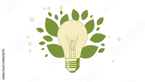 Lightbulb Surrounded by Green Leaves Representing Eco-Friendly Energy and Sustainable Ideas on an Isolated White Background