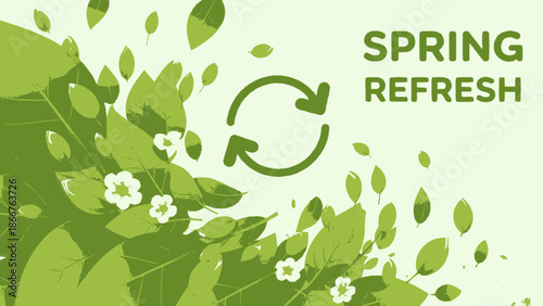 Green leaves and small white flowers with spring refresh symbol on isolated white background, fresh and eco-friendly.