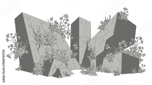 Grayscale Concrete Blocks Covered with Growing Plants and Flowers, Nature Overcoming Urban Decay Concept