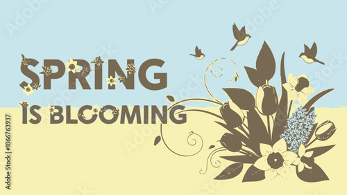 Cheerful Spring is Blooming Illustration with Flowers, Plants, and Flying Birds