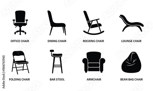 Furniture collection featuring various chair types and seating vector silhouettes