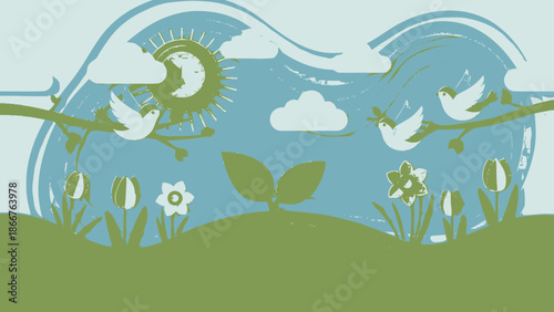 Cheerful Spring Landscape with Birds, Sun, Green Hills, and Blooming Flowers