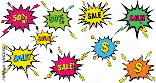 Pop Art Sale Vibrant Comic Book Style Discount Badges for Promotions and Special Offers