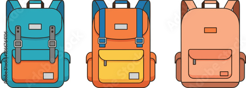 Vector illustration of teal orange and peach backpacks isolated on white for student travel and school-themed designs.