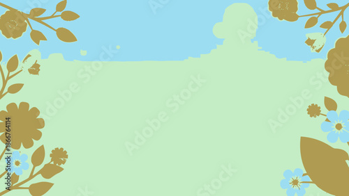 Serene Nature Background with Blue Sky, Green Field, and Decorative Golden Branches with Leaves and Blue Flowers.