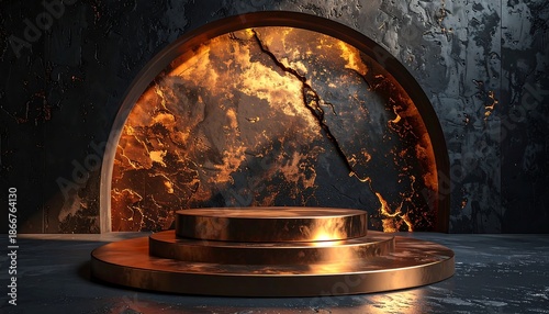 Golden Podium with Fiery Archway Background.