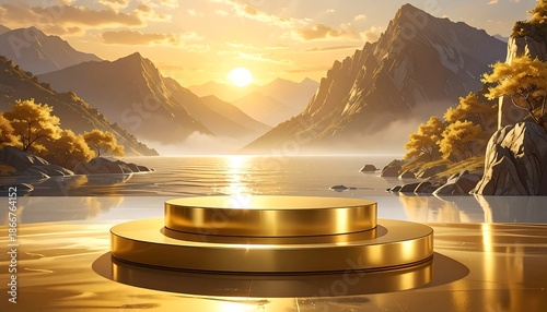 Golden Pedestal on Reflective Lake at Sunset with Majestic Mountains and Autumn Trees.
