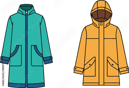 Vector illustration of teal parka and yellow hooded raincoat isolated on white for winter and rainy weather themes.