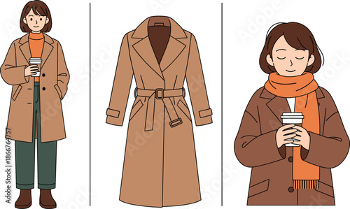 Vector illustration of woman in winter coat holding coffee and belted trench coat for seasonal lifestyle fashion.