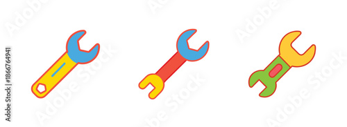 Three colorful cartoon wrenches with different handle and jaw styles