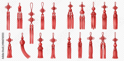 Set of red chinese knot tassels, traditional asian decorative elements with silk threads and beads.