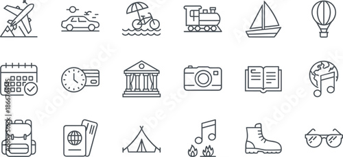 Vector illustration of travel and vacation icon set with airplane, tent, passporVector illustration of travel and vacation icon set with airplane, tent, passpor
