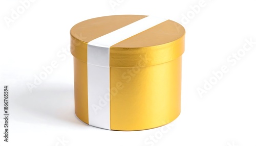 Golden Round Gift Box with White Ribbon Isolated on White Background.